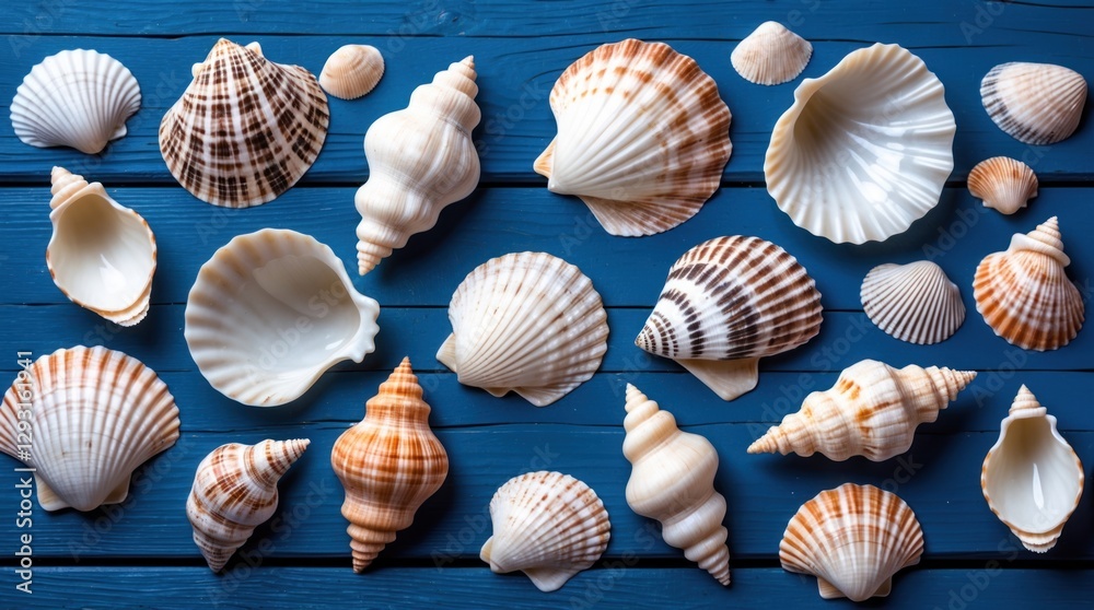 Seashells arranged on a vibrant blue wooden surface ideal for coastal decor with ample copy space for creative designs and text placement Seashells arranged on a vibrant blue wooden surface ideal for coastal decor with ample copy space for creative designs and text placement