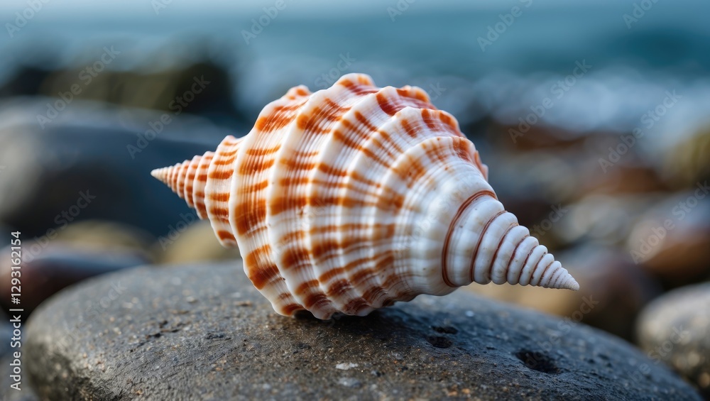 Seashell Resting on Smooth Stones with Ocean Waves in Background at Coastal Beach Seashell Resting on Smooth Stones with Ocean Waves in Background at Coastal Beach