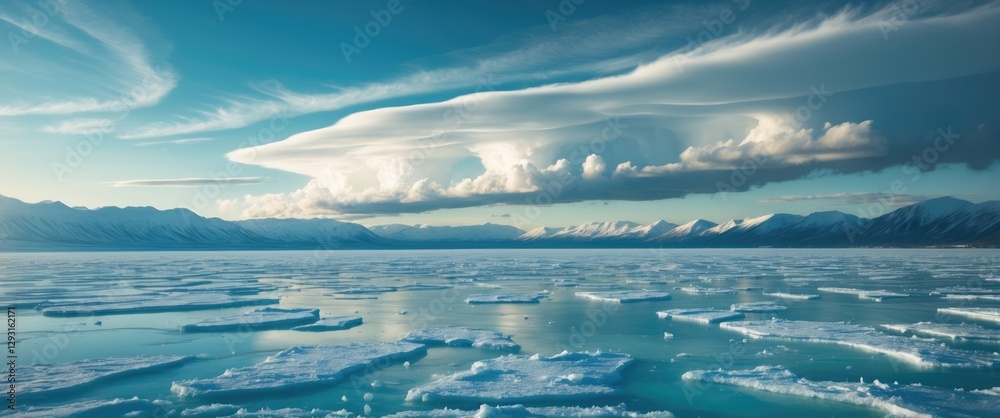 Fototapeta premium Icy winter landscape over frozen sea with layered clouds and snow-capped mountains in the distance, showcasing the beauty of Siberian nature