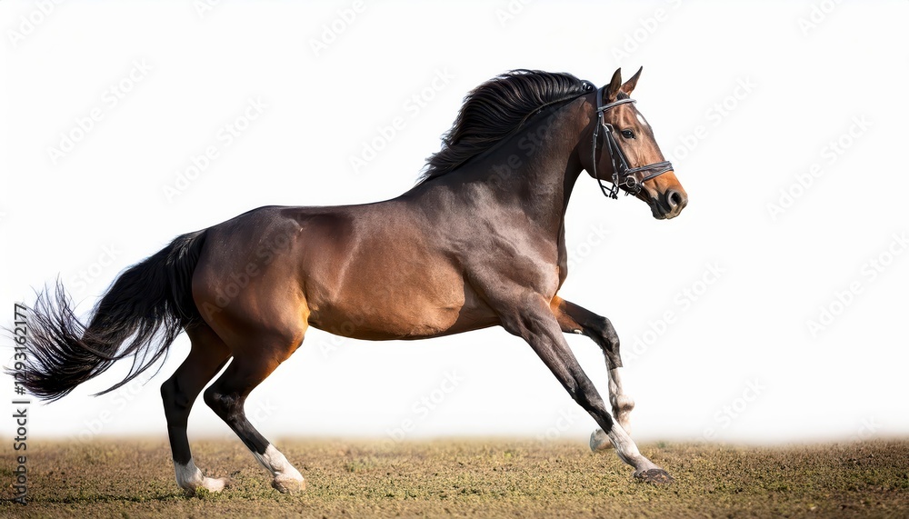 Striking Equine Performance A BrownGray Steed in Unusual Attire, Energetically Striding Across a Dusty Plain as the Sun Sets, Conveying Power and Majesty. Striking Equine Performance A BrownGray Steed in Unusual Attire, Energetically Striding Across a Dusty Plain as the Sun Sets, Conveying Power and Majesty.