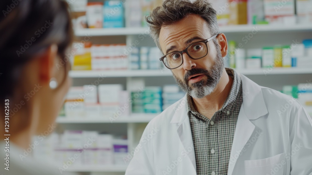Fototapeta premium A patient discussing obesity treatment options with a pharmacist in a bright pharmacy. Featuring trust and care
