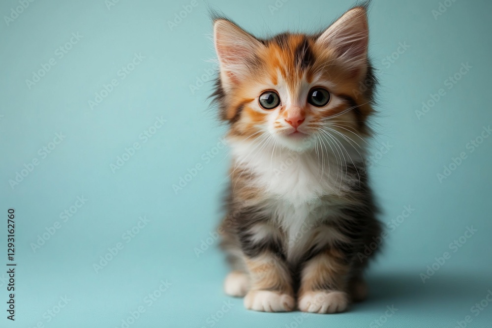 Obraz premium Playful calico kitten explores a soft blue background with curious eyes and fluffy fur