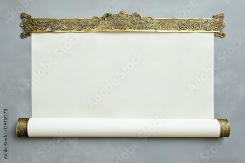 Display-ready vertical Chinese scroll with white paper and a brass border.