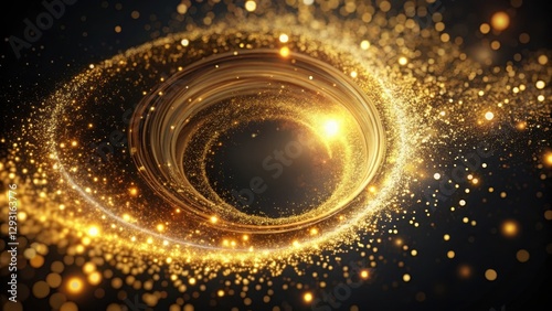 Sparkling golden particles suspended in mid-air amidst an abstract swirling vortex on a sleek black canvas background, dark background, geometric