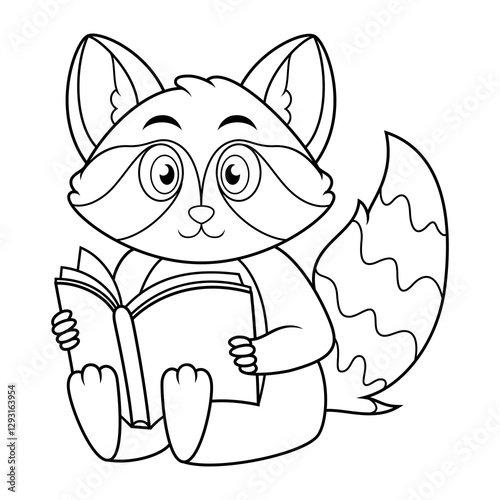 Cartoon raccoon reading a book line art