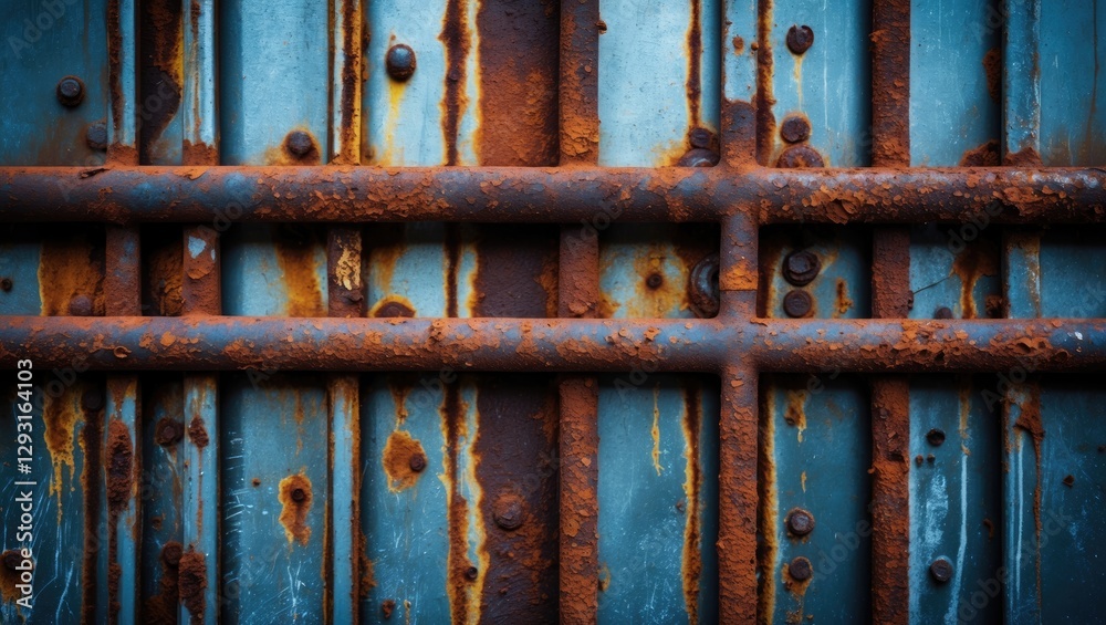 Rusty blue metal surface with peeling paint and corrosion creating an industrial textured background for artistic and design use. Rusty blue metal surface with peeling paint and corrosion creating an industrial textured background for artistic and design use.
