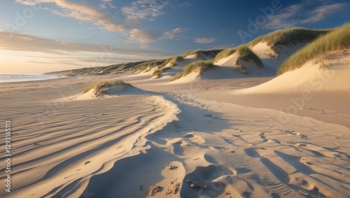 Tranquil sandy beach with rolling dunes under a vibrant sky creating a picturesque and serene coastal landscape.
