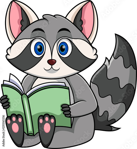 Cartoon raccoon reading a book