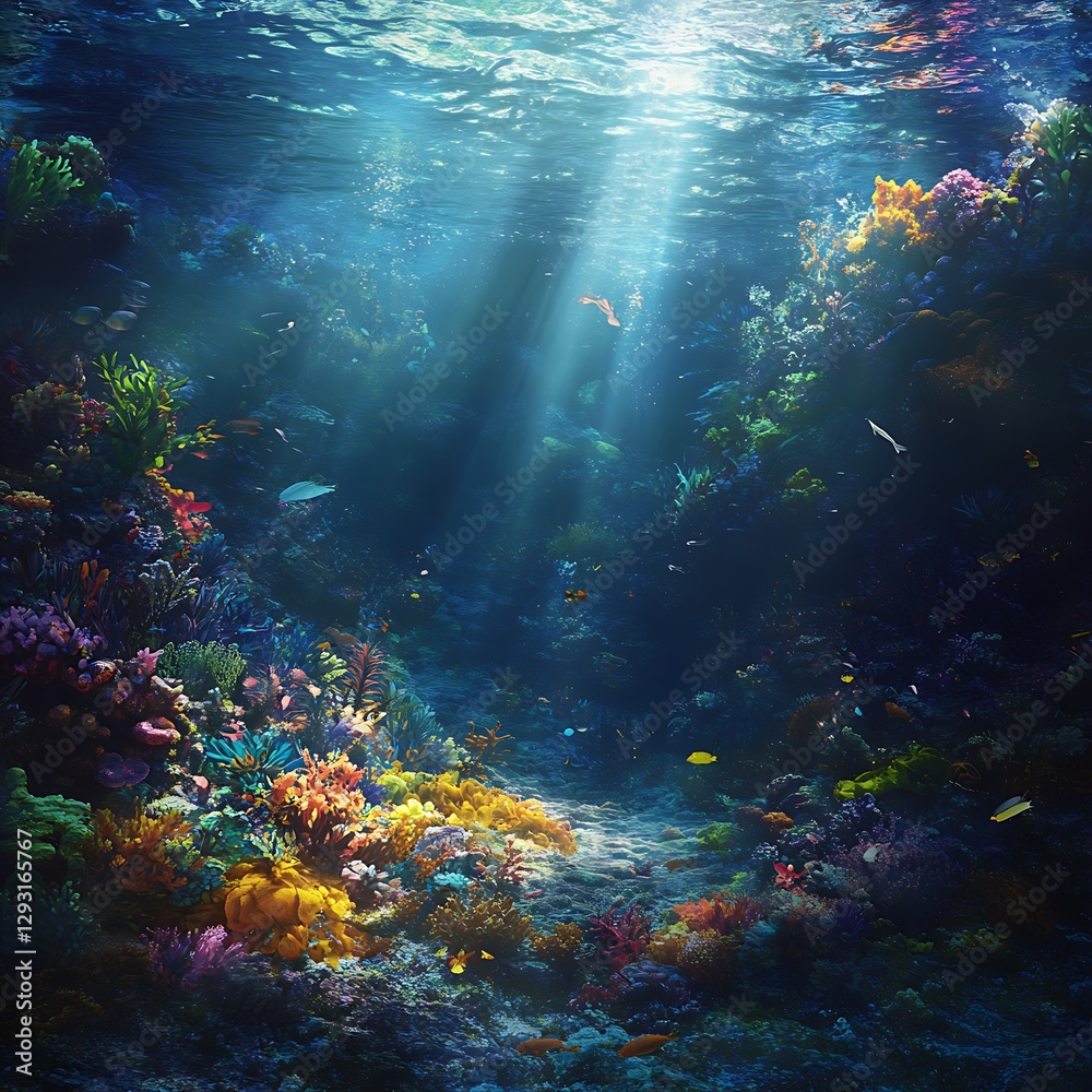 Naklejka premium Tropical Fish Weaving Through Coral In Sunlit Ocean Scene