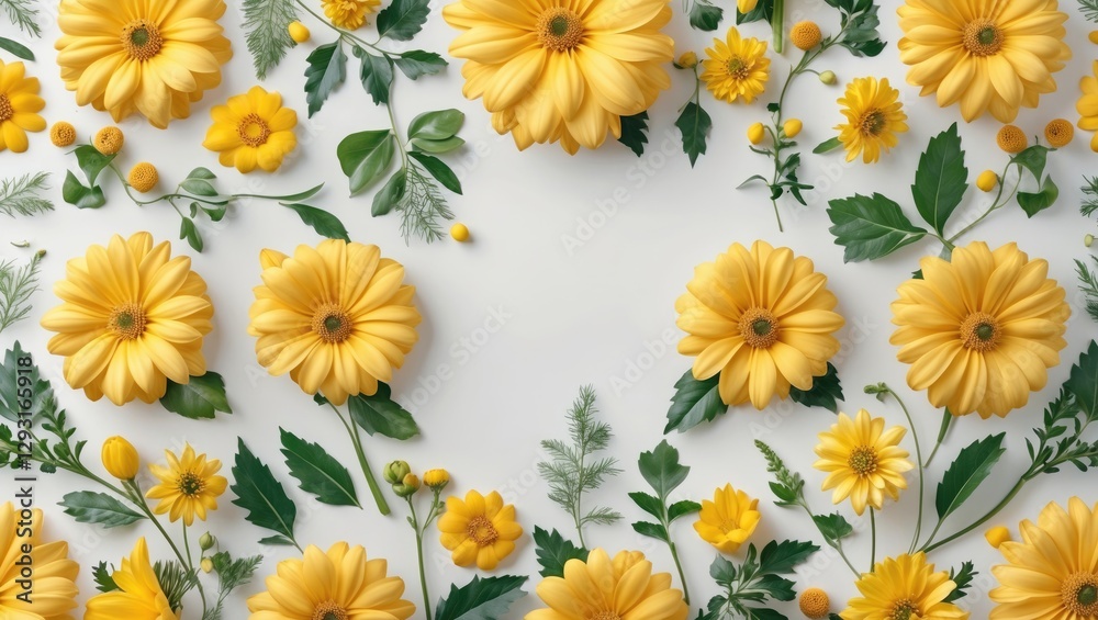 Vibrant arrangement of yellow flowers with greenery on white background perfect for seasonal themes and decorative patterns in nature. Vibrant arrangement of yellow flowers with greenery on white background perfect for seasonal themes and decorative patterns in nature.