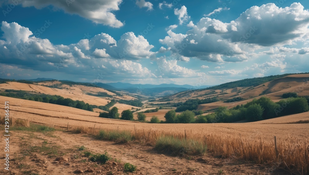 Fototapeta Serene Summer Rural Landscape with Verdant Valleys and Dramatic Blue Sky with Clouds, Ideal for Text Overlay and Creative Projects