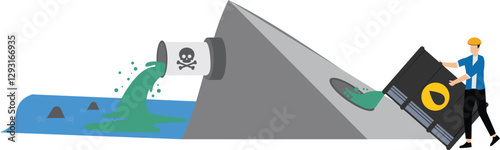 Worker dump radioactive waste into the sea, hazardous waste water pollution, global concern for human and environment health, harmful material contamination