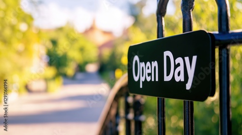 Open Day Sign on Street Fence with Sunset Background