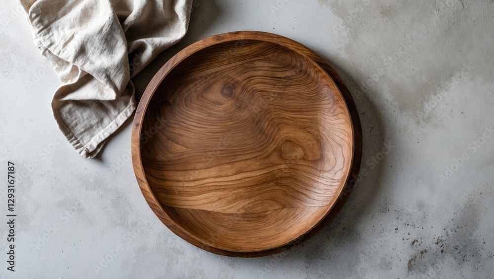 Round wooden serving plate on light concrete surface with soft cloth elegantly placed for a rustic dining or kitchen setting. Round wooden serving plate on light concrete surface with soft cloth elegantly placed for a rustic dining or kitchen setting.