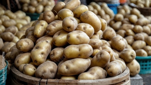 Freshly harvested raw potatoes stacked in baskets at a vibrant market showcasing natural produce in abundance.