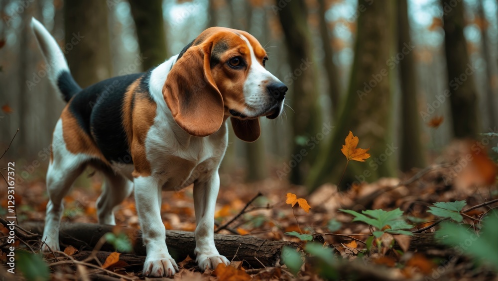 Beagle Dog Exploring a Forest Setting with Autumn Leaves and a Natural Background Beagle Dog Exploring a Forest Setting with Autumn Leaves and a Natural Background