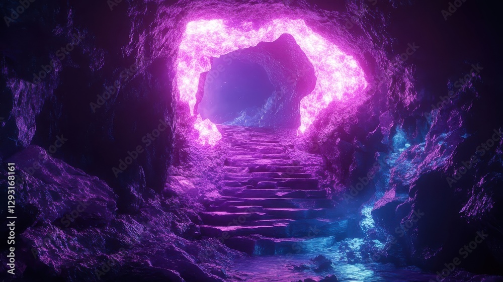 Fototapeta premium A neon synthwave cave with glowing edges and vibrant colors, set against a retro, geometric background.
