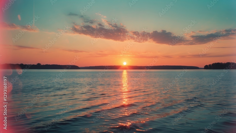 Obraz premium Serene Sunset Over Calm Water with Reflection and Empty Space for Text in the Sky and Water Background