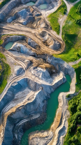 Aerial view: excavated land, winding roads, water features.