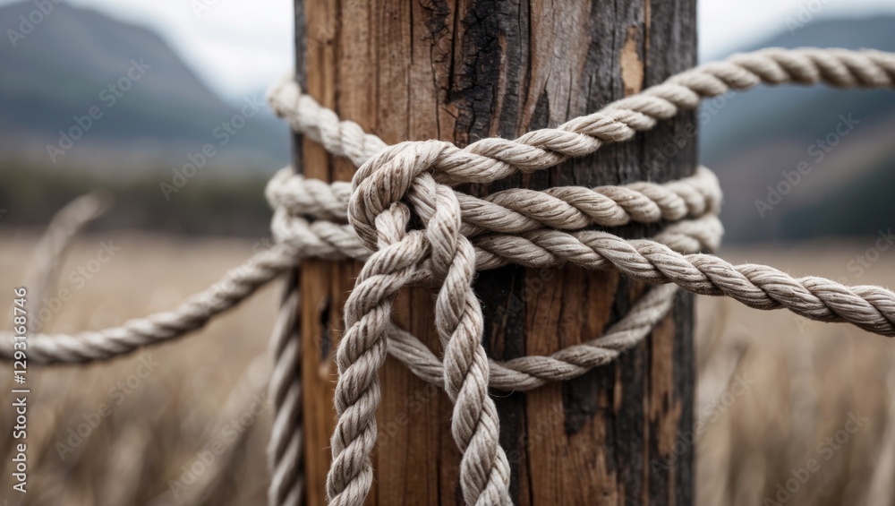 Rope Knotted Securely Around a Rustic Wooden Pole in a Natural Outdoor Setting Rope Knotted Securely Around a Rustic Wooden Pole in a Natural Outdoor Setting