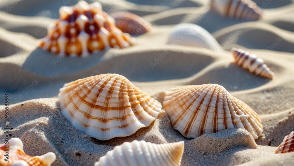 Coastal landscape featuring intricate seashells and golden sand under warm sunlight creating a serene beach ambiance. Coastal landscape featuring intricate seashells and golden sand under warm sunlight creating a serene beach ambiance.