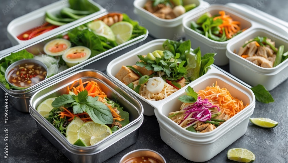 Healthy Thai Box Lunches with Fresh Ingredients and Empty Space for Custom Text or Branding Healthy Thai Box Lunches with Fresh Ingredients and Empty Space for Custom Text or Branding