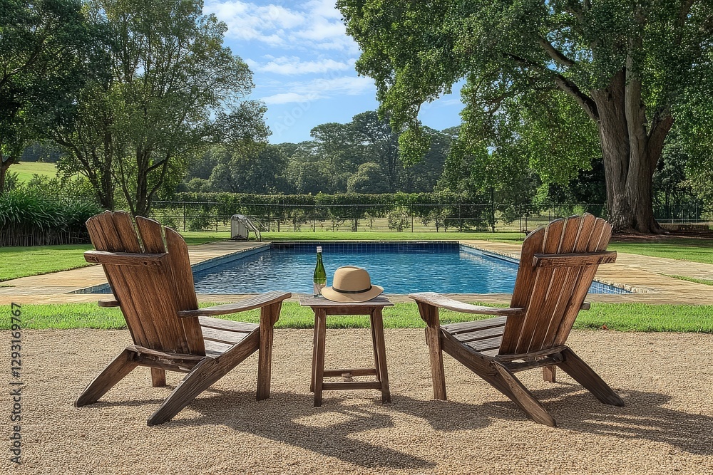 Fototapeta premium Outdoor pool deck with two wooden chairs, a table, and a swimming pool in the background, evoking a relaxing summer vibe with wine glasses and a hat on the chairs.