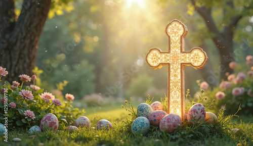 Colorful Easter Eggs Below a Cross in a Lush Garden Setting – An Ideal Image for Holiday Advertisements and Campaigns