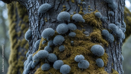 Textured Close-up of Grey Moss and Lichen on an Old Tree Bark with Selective Focus for Nature and Abstract Backgrounds photo