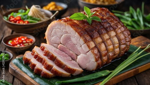 Succulent Thai Style Roast Pork with Fresh Vegetables and Spices on Serving Board for Authentic Asian Cuisine Presentation photo