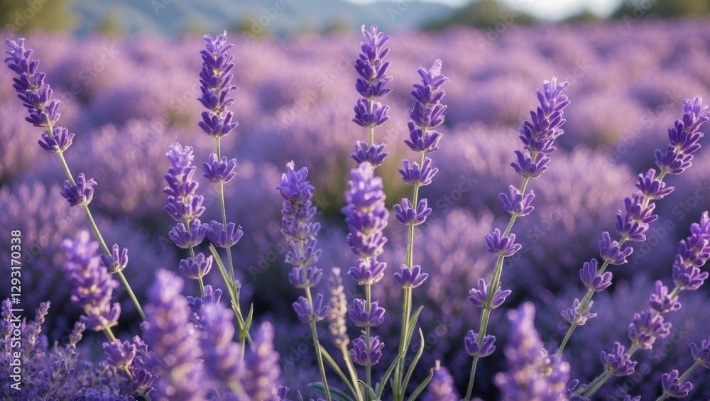 Obraz premium Closeup of vibrant purple lavender flowers in a blooming field with a soft blurred background and space for text or captions.