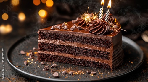 Festive chocolate cake slice with candles, bokeh background photo