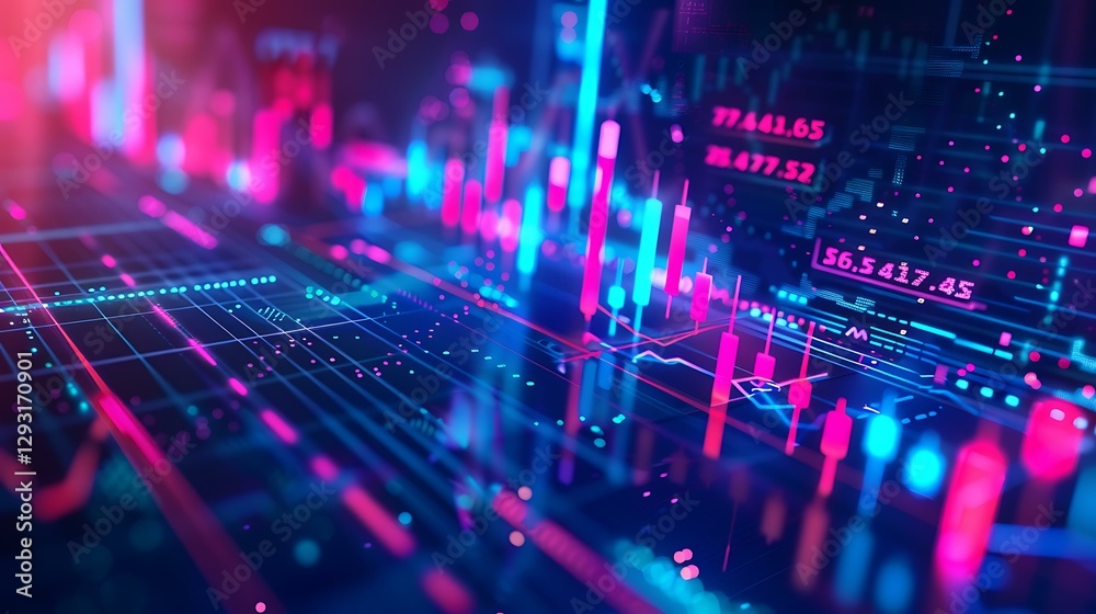High-tech stock market dashboard with fluctuating line graphs and bar charts, glowing neon blue financial data, futuristic digital finance background, modern analytics display