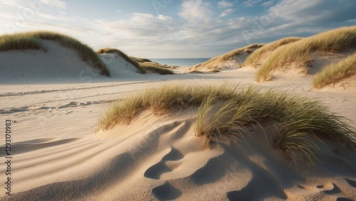 Fototapeta Naklejka Na Ścianę i Meble -  Serene sandy beach landscape featuring soft dunes and gentle grass against a clear sky ideal for relaxation and nature exploration.