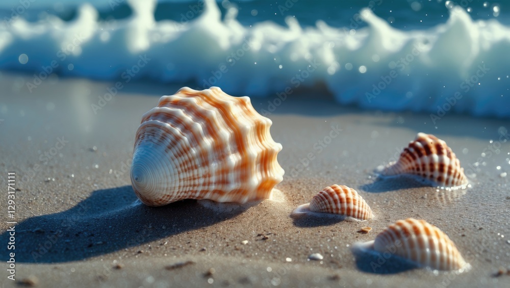 Seashells on sandy beach with foam waves approaching in the background, creating a serene coastal atmosphere and natural beauty. Seashells on sandy beach with foam waves approaching in the background, creating a serene coastal atmosphere and natural beauty.