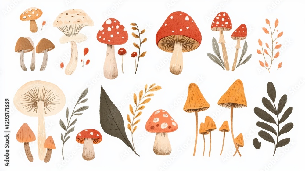 Artistic Layout of Various Woods Mushrooms in Raw Style Artistic Layout of Various Woods Mushrooms in Raw Style