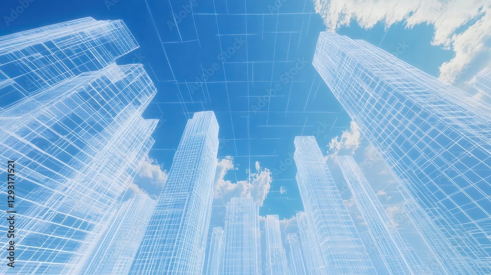 Fototapeta premium Wireframe city skyline, sunny day, clouds, architectural design, urban development