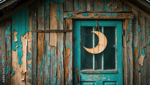 Vintage wooden outhouse with peeling turquoise paint and a crescent moon cutout on the door, showcasing rustic charm and weathered textures.