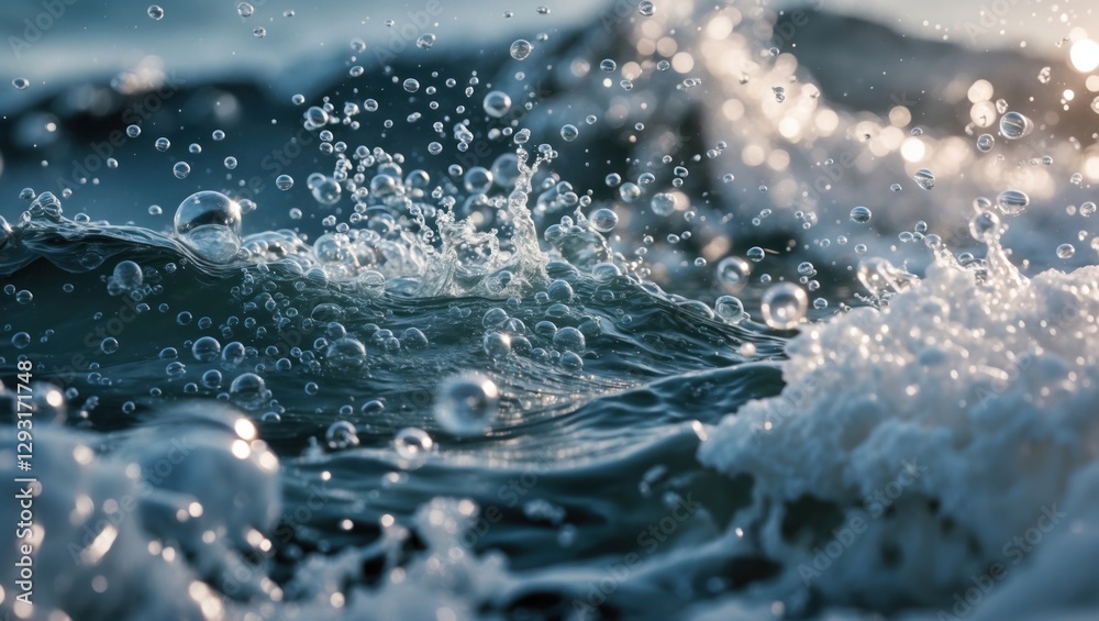 Close-up of sea wave bubbles and splashes with sunlight reflecting on water, creating a dynamic and refreshing oceanic scene. Close-up of sea wave bubbles and splashes with sunlight reflecting on water, creating a dynamic and refreshing oceanic scene.