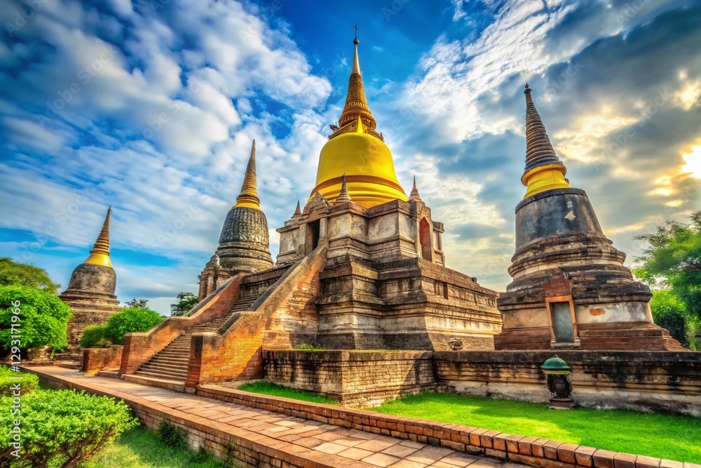 Naklejka premium Majestic Wat Yai Chaimongkol Temple, Ayutthaya, Thailand - Ancient Ruins & Golden Pagoda