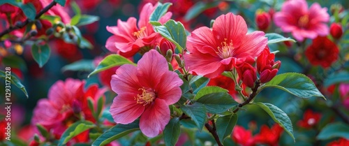 Fototapeta Naklejka Na Ścianę i Meble -  Vibrant pink and red flowers blooming amidst lush green leaves in a lush garden setting capturing the essence of spring and summer beauty.