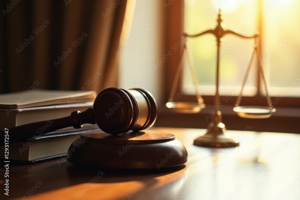 A Gavel Rests on a Sounding Block Near a Scale of Justice in Warm Light A Gavel Rests on a Sounding Block Near a Scale of Justice in Warm Light