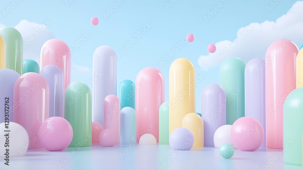 Colorful Abstract Scene with Cylindrical Shapes and Soft Pastel Hues in a Bright Sky Setting Colorful Abstract Scene with Cylindrical Shapes and Soft Pastel Hues in a Bright Sky Setting