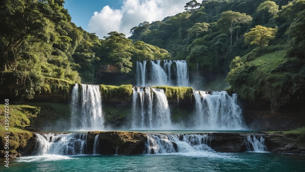 Fototapeta premium Majestic waterfalls cascading down lush greenery with tranquil waters beneath, featuring ample space for text or branding on an island paradise.