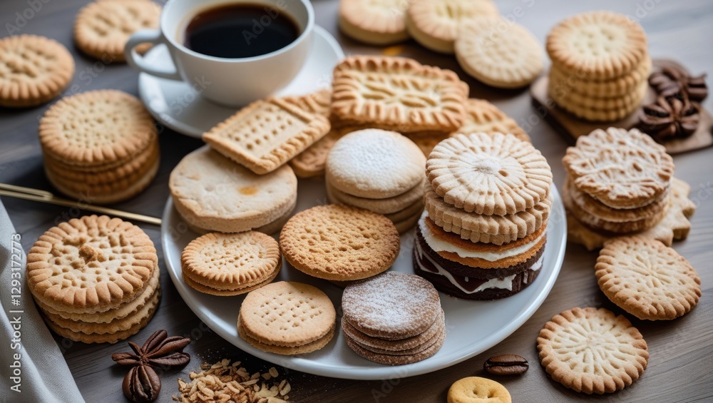 Assorted breakfast biscuits served on a white plate with a cup of hot coffee creating a cozy morning atmosphere. Assorted breakfast biscuits served on a white plate with a cup of hot coffee creating a cozy morning atmosphere.