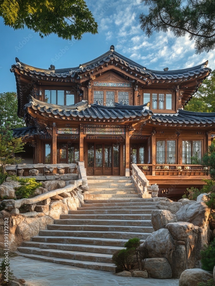 Ancient Korean Wooden Building with Decorative Roof and Stone Steps Ancient Korean Wooden Building with Decorative Roof and Stone Steps