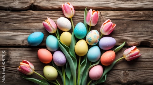 Colorful Easter eggs surrounded by tulip flowers on rustic wooden planks creating a festive spring holiday atmosphere with pastel tones.
