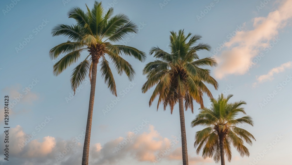 Tall palm trees against a serene sky featuring a larger and smaller tree, ideal for adding text or captions in a tropical setting. Tall palm trees against a serene sky featuring a larger and smaller tree, ideal for adding text or captions in a tropical setting.