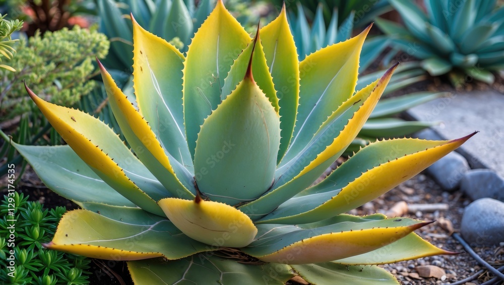 Obraz premium Vibrant Agave Plant with Green and Yellow Leaves Showcasing Succulent Beauty in a Tropical Garden Setting