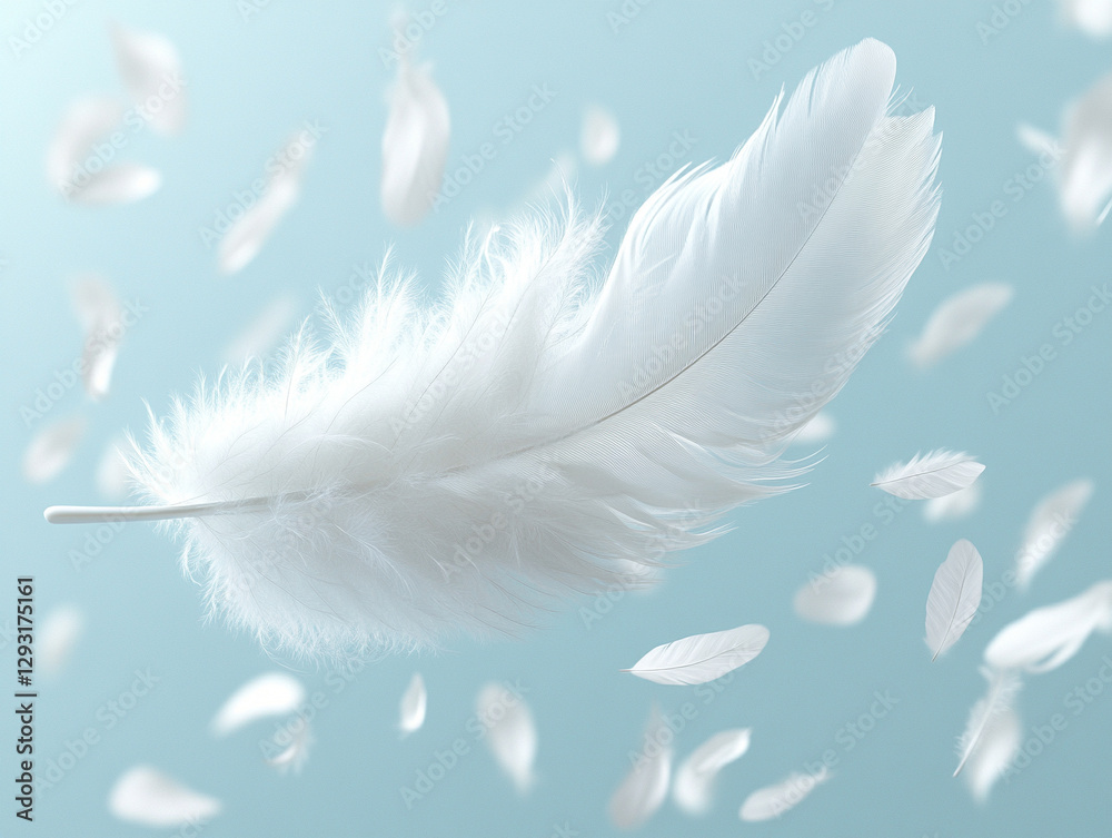 Obraz premium Soft white feather drifting through light blue background